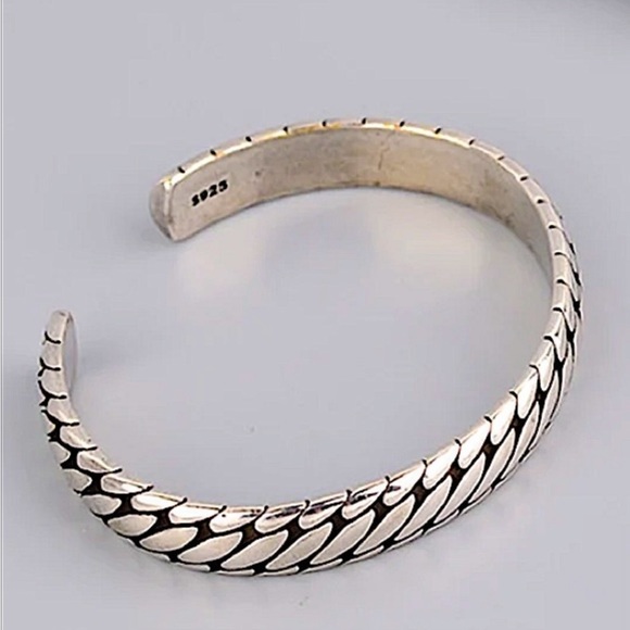 Sterling Silver Chain Design Engraved Cuff Bangle Bracelet - Picture 8 of 9